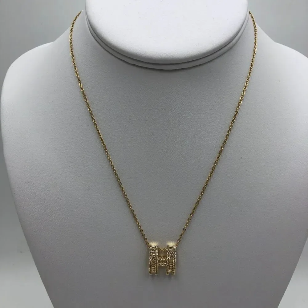 18K Gold Plated Women's Initial Letter H Cubic Zirconia Necklace Waterproof
